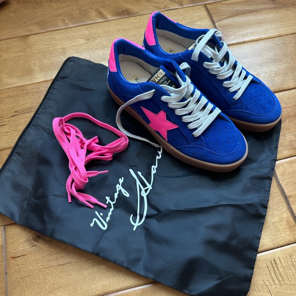 Blue Suede Sneakers with Pink Star Accent